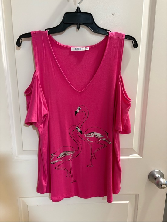 Ricki's Tops - Ricki's Hot Pink Flamingo Cold Shoulder Top Short Sleeve V-Neck Size L